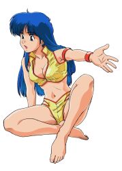 Rule 34 | 1girl, armlet, bare legs, barefoot, blue eyes, blue hair, bracelet, breasts, cleavage, crop top, dirty pair, feet, full body, jewelry, knee up, legs, long hair, medium breasts, midriff, navel, non-web source, official art, open mouth, outstretched arm, photoshop (medium), simple background, sitting, solo, toenails, toes, white background, yuri (dirty pair)