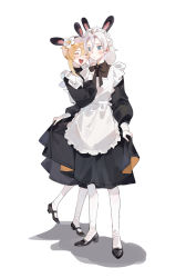 Rule 34 | 1boy, 1girl, absurdres, albedo (genshin impact), animal ears, apron, black dress, black footwear, black neckwear, blonde hair, blue eyes, blush, bow, bowtie, chajott64, chinese commentary, closed eyes, closed mouth, commentary request, crossdressing, dress, fake animal ears, flower, full body, genshin impact, hair flower, hair ornament, hands on another&#039;s shoulder, highres, long hair, long sleeves, lumine (genshin impact), maid, maid apron, maid headdress, open mouth, pantyhose, rabbit ears, shadow, shoes, simple background, skirt hold, smile, standing, standing on one leg, trap, white apron, white background, white flower, white hair, white pantyhose