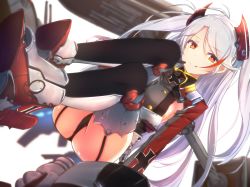 Rule 34 | 1girl, azur lane, black panties, breasts, cross, cuon (kuon), dutch angle, garter straps, iron cross, crossed legs, licking lips, long hair, looking at viewer, machinery, medium breasts, panties, pantyshot, prinz eugen (azur lane), red eyes, red footwear, silver hair, sitting, solo, thighhighs, tongue, tongue out, two side up, underwear, uniform, very long hair