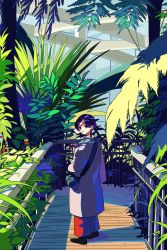 Rule 34 | 1girl, bag, black footwear, blue eyes, blue hair, bumi0w0, dappled sunlight, earrings, handbag, highres, jewelry, long sleeves, looking back, original, pants, plant, railing, red pants, scenery, short hair, solo, standing, sunlight