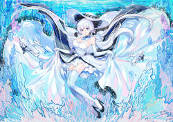 Rule 34 | absurdres, aircraft, airplane, azur lane, blue eyes, collar, dress, elbow gloves, floating clothes, floating hair, garter straps, gloves, gradient hair, highres, illustrious (azur lane), large hat, multicolored hair, over-kneehighs, smile, solo, submerged, thighhighs, wallpaper, white collar, white dress, white hair, wusebuhui