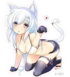 Rule 34 | 1girl, 47agdragon, all fours, animal ears, black gloves, black thighhighs, blush, breasts, cat day, cat ears, cat tail, cleavage, dagger, gloves, hair ornament, halftone, heart, highres, knife, large breasts, long hair, looking at viewer, original, paw pose, red eyes, silver hair, solo, spoken heart, tail, thighhighs, toeless legwear, toes, weapon, x hair ornament
