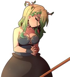Rule 34 | 1girl, antlers, braid, braided bangs, breasts, ceres fauna, cleavage, closed eyes, closed mouth, collarbone, earrings, facing away, getting over it, green hair, hair over one eye, highres, hololive, hololive english, horns, jewelry, large breasts, long hair, looking at viewer, mole, mole under eye, ryou sakai, simple background, single braid, solo, virtual youtuber, white background