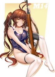 Rule 34 | 1girl, absurdres, alternate costume, antenna hair, battle rifle, blush, breasts, brown hair, chiyo goya, collarbone, commentary, competition swimsuit, girls&#039; frontline, gun, hair ribbon, highres, holding, holding weapon, large breasts, long hair, looking at viewer, m14, m14 (girls&#039; frontline), one-piece swimsuit, personification, ribbon, rifle, sitting, skindentation, smile, solo, sweat, swimsuit, thighhighs, twintails, weapon, wet, white thighhighs, yellow eyes