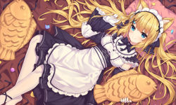 Rule 34 | 1girl, animal ear fluff, animal ears, apron, bed sheet, black bow, black ribbon, black skirt, black sleeves, blonde hair, blue eyes, blush, bow, breasts, cat ears, chinese commentary, closed mouth, commentary request, detached sleeves, dutch angle, food, frilled apron, frills, gloves, hair between eyes, hair bow, hair ornament, hanazono serena, hanazono serena (channel), heart, highres, holding, holding food, juliet sleeves, long hair, long sleeves, looking at viewer, lying, maid, maid headdress, medium breasts, neps-l, no shoes, on back, pantyhose, pillow, puffy sleeves, ribbon, ruffling hair, shirt, skirt, sleeveless, sleeveless shirt, sleeves past wrists, smile, solo, taiyaki, very long hair, virtual youtuber, wagashi, waist apron, white apron, white gloves, white pantyhose, white shirt, wide sleeves, x hair ornament