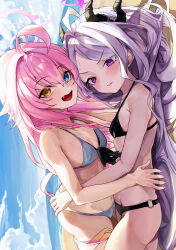 Rule 34 | 2girls, :d, absurdres, beach, bikini, blue archive, blue eyes, blue sky, breasts, demon horns, fang, halo, heterochromia, highres, hina (blue archive), horns, hoshino (blue archive), long hair, multiple boys, multiple girls, navel, ocean, open mouth, pink hair, purple eyes, rosu 1109, sky, small breasts, smile, swimsuit, white hair, yellow eyes