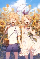 Rule 34 | 1boy, 1girl, ahoge, bandaid, bandaid on face, bandaid on nose, blonde hair, brother and sister, butterfly net, closed eyes, cloud, cloudy sky, day, dress, facing viewer, fajyobore, field, flower, flower field, hair ornament, hairclip, hand net, holding, holding butterfly net, holding hands, kagamine len, kagamine rin, open mouth, outdoors, plant, shirt, short hair, shorts, siblings, sky, smile, standing, sunflower, sunflower field, twins, vocaloid, white dress