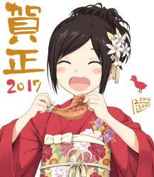 Rule 34 | 1girl, 2017, black hair, blush, chicken (food), closed eyes, food, japanese clothes, kimono, maeda risou, new year, open mouth, original, saliva, smile, solo, white background