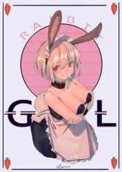 1girl animal_ears apron black_dress blush breasts rabbit_ears cleavage dress english_text frilled_apron frills lanzi_(415460661) looking_at_viewer maid_headdress medium_breasts mole mole_under_eye original red_eyes short_hair signature sleeveless sleeveless_dress smile solo upper_body white_hair