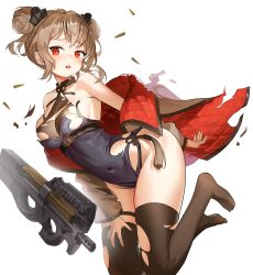 Rule 34 | 1girl, :o, absurdres, ammunition, bare shoulders, belt, black thighhighs, blush, breasts, brown hair, bullet, bullpup, commentary request, commission, cosplay, covered navel, double bun, fn 5.7x28mm, full body, furrowed brow, girls&#039; frontline, gun, hair bun, hair ornament, hand on thigh, highres, horizontal magazine, huge filesize, hyoin, jacket, legs up, leotard, lwmmg (girls&#039; frontline), lwmmg (girls&#039; frontline) (cosplay), lwmmg (golden starthistle) (girls&#039; frontline), medium breasts, off shoulder, official alternate costume, p90, p90 (girls&#039; frontline), pdw cartridge, personal defense weapon, pixiv commission, red eyes, see-through, shell casing, short hair, simple background, skindentation, solo, submachine gun, thighhighs, torn clothes, torn jacket, torn thighhighs, translucent, weapon, white background