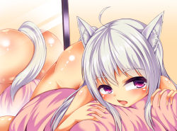 Rule 34 | 1girl, animal ears, ass, bed, blush, mirror, nude, open mouth, original, pink eyes, roro (sghona10), tail, white hair