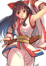 Rule 34 | 1girl, absurdres, ainu clothes, artist name, black hair, breasts, brown eyes, fingerless gloves, gloves, hair ribbon, highres, legs, long hair, looking at viewer, medium breasts, nakoruru, pants, ribbon, samurai spirits, snk, solo, the king of fighters, the king of fighters xv, thighs