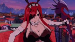 Rule 34 | 1girl, animal ears, animated, animated gif, bouncing breasts, bow, bowtie, breasts, cleavage, detached sleeves, erza scarlet, fairy tail, fairy tail: dragon cry, fake animal ears, female focus, hair over one eye, highleg, highleg leotard, holding, holding weapon, jiggle, large breasts, leotard, long hair, long sleeves, playboy bunny, rabbit ears, red hair, running, sky, solo, talking, weapon