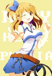Rule 34 | 1girl, :d, ;d, ahugni, belt, blonde hair, breasts, english text, engrish text, fairy tail, half updo, impossible clothes, impossible shirt, ing (artist), key, keyring, lucy heartfilia, one eye closed, open mouth, pointing, ranguage, shirt, side ponytail, smile, solo, whip, wink, yellow eyes