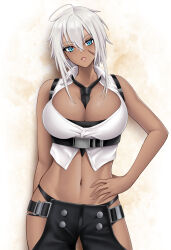 1girl absurdres ahoge azur_lane banba_(jakqbigone) bare_arms bare_shoulders black_necktie black_pants blue_eyes breasts chest_harness cleavage cowboy_shot crop_top dark_skin facial_scar grey_hair hand_on_own_hip harness head_tilt highres indiana_(azur_lane) large_breasts looking_at_viewer midriff navel necktie open_mouth pants scar scar_on_cheek scar_on_face shirt sleeveless sleeveless_shirt solo standing stomach toned white_shirt