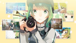 Rule 34 | 1girl, :/, camera, close-up, coat, green eyes, green hair, gumi, holding, holding camera, koyubi right, long sleeves, looking at viewer, matching hair/eyes, no.734, photo (object), photo background, short hair, solo, star-shaped pupils, star (symbol), symbol-shaped pupils, trench coat, vocaloid, zipper