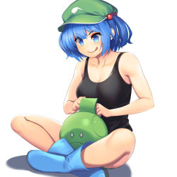 Rule 34 | 1girl, blue eyes, blue footwear, blue hair, blush, boots, breasts, cleavage, closed mouth, collarbone, crossed legs, green hat, gundam, hair bobbles, hair ornament, haro, hat, highres, kawashiro nitori, large breasts, lips, looking away, short hair, short twintails, shorts, smile, solo, tank top, tarmo, tongue, tongue out, touhou, twintails
