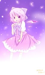 Rule 34 | 1girl, alternate color, bow, cirno, dress, hair bow, open mouth, petals, pink eyes, pink hair, ribbon, short hair, solo, touhou, wings, zizz (egoisto)