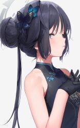 1girl absurdres bare_shoulders black_dress black_gloves black_hair blue_archive blush breasts butterfly_hair_ornament china_dress chinese_clothes dragon_print dress eyelashes freng gloves grey_background grey_eyes hair_bun hair_ornament halo highres interlocked_fingers kisaki_(blue_archive) long_hair looking_at_viewer simple_background sleeveless sleeveless_dress small_breasts solo upper_body