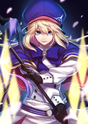 Rule 34 | 1girl, artoria caster (fate), artoria caster (second ascension) (fate), artoria pendragon (fate), black background, black gloves, blonde hair, blouse, blue bow, blue bowtie, blue capelet, blue hat, bow, bowtie, breasts, brooch, buttons, capelet, cherry blossoms, commentary request, double-breasted, fate/grand order, fate (series), gloves, hat, holding, holding staff, jewelry, long hair, long sleeves, looking at viewer, magic, petals, re (re 09), shirt, solo, staff, upper body, white shirt