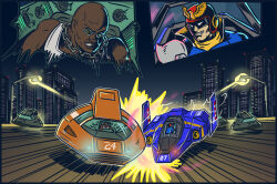 Rule 34 | 2boys, action, aircraft, armor, bald, bare shoulders, battle, blue coat, blue falcon, captain falcon, chain around neck, city, clash, clenched teeth, close-up, coat, dark-skinned male, dark skin, f-zero, flying car, grin, helmet, high collar, hover vehicle, jrcomicart, lamppost, male focus, mask, michael chain, multiple boys, nintendo, pauldrons, race vehicle, red headwear, scarf, science fiction, shoulder armor, single pauldron, smile, sunglasses, tank top, teeth, white eyes, white tank top, wild boar, yellow scarf
