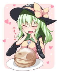 Rule 34 | 1girl, bow, cream puff, closed eyes, food, green hair, hands on own cheeks, hands on own face, hat, hat bow, heart, heart background, komeiji koishi, long hair, long sleeves, ominaeshi (takenoko), plate, shirt, simple background, solo, touhou, upper body, wide sleeves