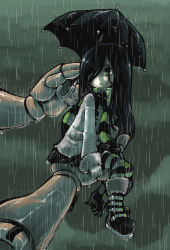 Rule 34 | 1girl, 1other, aria wintermint, arm support, artist name, belt, black footwear, black hair, black skirt, black umbrella, boots, buttons, character request, cloud, cloudy sky, coat, commentary, dated, dated commentary, eyes visible through hair, fur-trimmed boots, fur trim, giant, gloves, green eyes, green scarf, green thighhighs, grey sky, hair over eyes, highres, holding, holding umbrella, in palm, long hair, miniskirt, official art, open mouth, out of frame, overcast, pale skin, pantyhose, parororo, parted bangs, pleated skirt, rain, raincoat, scarf, signature, sitting, skirt, sky, solo focus, striped clothes, striped pantyhose, striped scarf, striped thighhighs, symbol-only commentary, the crawling city, thighhighs, umbrella, very long hair, water drop, wet, wet clothes, wet hair, white belt, white coat, zettai ryouiki