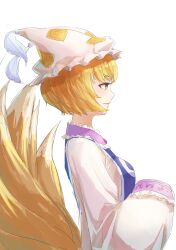 Rule 34 | 1girl, absurdres, animal ears, animal hat, blonde hair, closed mouth, fox tail, from behind, hands in opposite sleeves, hat, highres, kitsune, long sleeves, miroku (mirokusan36), mob cap, multiple tails, short hair, smile, solo, tabard, tail, touhou, white background, yakumo ran, yellow eyes