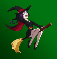 Rule 34 | 1girl, blue eyes, breasts, broom, cape, drill, halloween, hat, high heels, highres, purple hair, witch hat, zone-tan