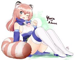 Rule 34 | 1girl, animal ear fluff, animal ears, bamboo, bare arms, breasts, chest tattoo, crest, full body, grass, green eyes, groin, highres, long hair, medium breasts, mole, mole on breast, on ground, one eye closed, open mouth, red panda ears, red panda girl, red panda tail, tattoo, virtual youtuber, virtuality project, white background, yogurtm, yuria of ailurus