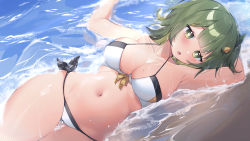Rule 34 | 1girl, :o, arm behind head, armpit peek, bare arms, bare shoulders, beach, bikini, blunt bangs, blush, breasts, cleavage, commentary request, commission, cowboy shot, curvy, forehead, front-tie top, green eyes, green hair, highres, horns, large breasts, looking at viewer, lying, medium breasts, medium hair, mole, mole on breast, navel, on side, open mouth, original, outdoors, outstretched arm, sen light, shiny skin, side-tie bikini bottom, single horn, solo, sparkle, string bikini, swimsuit, thick thighs, thigh gap, thighs, water, waves, wet, wet clothes, wide hips