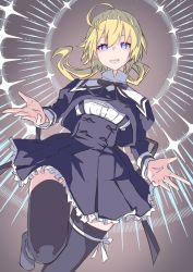 Rule 34 | 1girl, ahoge, amano soraha, assault lily, black ribbon, black thighhighs, blonde hair, blouse, blue eyes, breasts, bright pupils, buttons, commentary request, cowboy shot, cropped jacket, floating hair, frilled skirt, frills, from below, gradient background, grey background, hair between eyes, high-waist skirt, highres, houji tea latte, juliet sleeves, leg ribbon, leg up, long hair, long sleeves, looking at viewer, low ponytail, medium breasts, miniskirt, neck ribbon, no shoes, open hand, open mouth, outstretched hand, pleated skirt, ponytail, puffy sleeves, ribbon, school uniform, shirt, skirt, smile, solo, standing, standing on one leg, suspender skirt, suspenders, teeth, thighhighs, upper teeth only, white pupils, white ribbon, white shirt, yurigaoka girls academy school uniform, zettai ryouiki