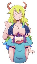 Rule 34 | 1boy, 1girl, age difference, angeliccmadness, bare arms, bikini, blonde hair, blue hair, blush, breast rest, breasts, breasts on head, closed mouth, collarbone, covered erect nipples, dragon horns, closed eyes, gradient hair, green hair, hair between eyes, highres, horns, huge breasts, kobayashi-san chi no maidragon, long hair, long sleeves, lucoa (maidragon), magatsuchi shouta, multicolored hair, open mouth, purple eyes, purple hair, shirt, simple background, smile, swimsuit, teeth, upper teeth only, white background