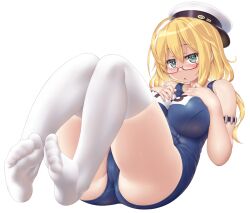 Rule 34 | 1girl, aqua eyes, bare shoulders, blonde hair, blue one-piece swimsuit, blush, breasts, dd (ijigendd), full body, glasses, hat, highres, i-8 (kancolle), kantai collection, large breasts, long hair, looking at viewer, name tag, one-piece swimsuit, open mouth, peaked cap, red-framed eyewear, school swimsuit, simple background, solo, swimsuit, thighhighs, white background, white hat, white thighhighs