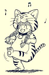 Rule 34 | 1girl, animal costume, animal print, beamed eighth notes, bell, braid, dragon quest, dragon quest xi, eighth note, full body, highres, jingle bell, lee (dragon garou), motion lines, musical note, open mouth, smile, solo, square enix, tiger costume, tiger print, toriyama akira (style), twin braids, veronica (dq11)