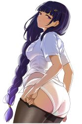Rule 34 | 1girl, absurdres, ass, black hair, black pantyhose, blunt bangs, braid, breast pocket, clothes pull, cloudy rain4, collared shirt, commentary request, from behind, genshin impact, gradient hair, hair ornament, hairclip, highres, long hair, looking at viewer, looking back, low ponytail, multicolored hair, panties, pantyhose, pantyhose pull, pocket, pulled by self, purple eyes, raiden shogun, shirt, short sleeves, sidelocks, single braid, solo, underwear, white background, white panties