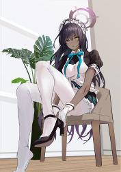 Rule 34 | 0.7 (aysatnegr), 1girl, absurdres, adjusting footwear, ahoge, ankle strap, apron, aqua ribbon, ass, black dress, black footwear, black hair, blue archive, blue bow, blue bowtie, blue ribbon, blush, bow, bowtie, breasts, chair, chinese commentary, dark-skinned female, dark skin, dress, feet, frilled apron, frills, from below, full body, gloves, hair between eyes, halo, high heels, highres, indoors, karin (blue archive), large breasts, leg up, legs, long hair, looking at viewer, maid, maid apron, maid headdress, multicolored hair, neck ribbon, no shoes, on chair, pantyhose, parted lips, plant, pleated dress, potted plant, puffy short sleeves, puffy sleeves, purple hair, ribbon, shirt, shoe dangle, shoes, short sleeves, simple background, single shoe, sitting, solo, streaked hair, thighs, very long hair, white apron, white background, white gloves, white pantyhose, wooden floor, yellow eyes