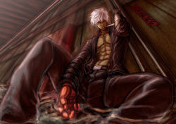 Rule 34 | 1boy, abs, bad id, bad pixiv id, bandages, belt, clenched teeth, dark-skinned male, dark skin, from below, gloves, jacket, k&#039; (kof), looking down, male focus, muscular, open clothes, open jacket, phosporus, topless male, short hair, silver hair, sitting, snk, solo, teeth, the king of fighters