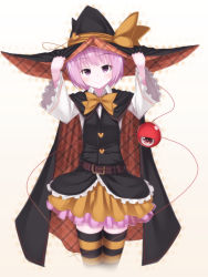 Rule 34 | 1girl, bad id, bad pixiv id, bow, cosplay, green eyes, halloween, hat, hat bow, highres, komeiji satori, pink eyes, pink hair, rerrere, solo, striped clothes, striped thighhighs, thighhighs, third eye, touhou, witch, witch hat