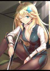 Rule 34 | 1girl, ;), ahoge, armor, bad id, bad pixiv id, black pantyhose, blonde hair, blue eyes, blush, breasts, character request, choker, cleavage, closed mouth, collarbone, dabadhi, dress shirt, hair ornament, highres, japanese armor, kote, letterboxed, long hair, long sleeves, looking at viewer, medium breasts, miniskirt, one eye closed, oshiro project:re, oshiro project:re, pantyhose, shirt, side slit, sitting, skirt, skirt sekt, smile, solo, star (symbol), star hair ornament, waistcoat, white shirt