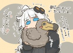 Rule 34 | 1girl, ahoge, blue eyes, blush stickers, braid, chibi, circle, commentary request, dodo (bird), drop shadow, furrowed brow, hair ornament, hands up, highres, holding, holding stuffed toy, jacket, kizuna akari, long hair, long sleeves, looking at viewer, no mouth, no sclera, open clothes, open jacket, outline, sheila ship2, simple background, sleeves past wrists, smelling, solo, stuffed animal, stuffed bird, stuffed toy, translation request, vocaloid, voiceroid, white hair, white outline, yellow background