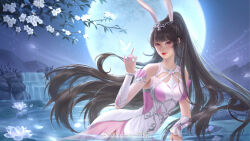 Rule 34 | 1girl, animal ears, bare shoulders, braid, branch, bug, butterfly, donghua bu chi lu dan, douluo dalu, dress, flower, hand up, highres, insect, leaning to the side, lotus, moon, mountain, night, night sky, pink dress, pink eyes, ponytail, rabbit ears, ripples, rock, second-party source, sky, smile, solo, star (sky), upper body, water, xiao wu (douluo dalu)