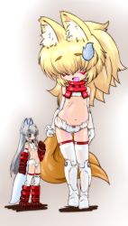 Rule 34 | 2girls, absurdres, animal ears, belly, blonde hair, blue eyes, boots, bow, bow panties, bra, busou shinki, character request, cosplay, doll joints, elbow gloves, fox ears, fox tail, gauntlets, giant, giantess, gloves, grey hair, hair over eyes, height difference, highres, joints, kuromaru-4321, long hair, mini person, minigirl, multiple girls, navel, panties, ponytail, renge (busou shinki), tail, thighhighs, underwear, underwear only, white bra, white panties