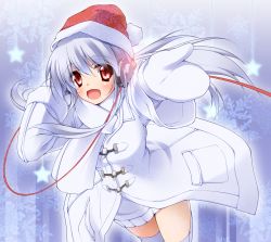 Rule 34 | 1girl, bad id, bad pixiv id, blush, cable, coat, dress, hat, headphones, long hair, midoriiro no shinzou, mittens, open mouth, original, outstretched hand, red eyes, santa hat, scarf, silver hair, sweater, sweater dress, thighhighs, white mittens, white scarf, white thighhighs, winter clothes, zettai ryouiki