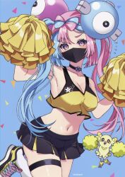 1girl @_@ alternate_costume alternate_hairstyle armpits bare_shoulders black_choker black_skirt blue_background blue_hair blush bow-shaped_hair breasts character_hair_ornament cheerleader choker cleavage commentary_request creatures_(company) game_freak gen_7_pokemon hair_ornament highres iono_(pokemon) leg_up long_hair looking_at_viewer mask midriff mouth_mask multicolored_hair navel nintendo oricorio oricorio_(pom-pom) pink_eyes pink_hair pokemon pokemon_(creature) pokemon_sv pom_pom_(cheerleading) popo_(popopuri) shirt skirt sleeveless sleeveless_shirt socks tank_top teeth thigh_strap twintails twitter_username two-tone_hair white_socks yellow_shirt