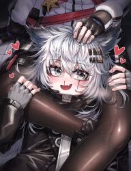 Rule 34 | 2girls, :d, animal ears, arknights, black coat, black gloves, black shorts, blood, blush, brown legwear, coat, commentary request, fang, fingerless gloves, fingernails, gloves, grey eyes, grey gloves, hair ornament, hairclip, heart, heavy breathing, high collar, highres, jacket, kokukyukeo, lappland (arknights), leg lock, pantyhose under shorts, long hair, looking at viewer, lying, messy hair, multiple girls, nosebleed, on back, open mouth, pantyhose, scar, scar across eye, scar on face, shorts, silver hair, sitting, skin fang, smile, star (symbol), texas (arknights), very long hair, white jacket, wolf ears, yuri