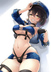 Rule 34 | 1girl, arm up, armpits, azur lane, baltimore (azur lane), baltimore (finish line flagbearer) (azur lane), bikini, black bikini, black choker, black gloves, black hair, blue bikini, blue hat, blue jacket, blue shorts, breasts, center opening, choker, cleavage, cowboy shot, crop top, cropped jacket, gloves, grin, hand up, hat, highleg, highleg bikini, highres, hm (hmongt), jacket, large breasts, looking at viewer, micro shorts, midriff, mismatched bikini, multiple straps, navel, official alternate costume, open clothes, open jacket, peaked cap, photo-referenced, race queen, short hair, shorts, single glove, skindentation, smile, solo, standing, stomach, strap, sweat, swimsuit, thigh strap, thighs, underboob, yellow eyes