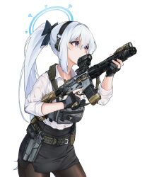 Rule 34 | 1girl, ammunition pouch, ar-15, assault rifle, belt, black gloves, black pantyhose, black skirt, blue archive, chest harness, chest rig, clov3r, collared shirt, cowboy shot, ear protection, flashlight, gloves, green belt, gun, gun sling, hair between eyes, halo, handgun, harness, high-waist skirt, highres, holding, holding gun, holding weapon, holster, holstered, legs apart, long hair, long sleeves, looking ahead, magazine (weapon), miniskirt, miyako (blue archive), muzzle device, pantyhose, partially fingerless gloves, pencil skirt, ponytail, pouch, purple eyes, rifle, scope, shirt, shirt tucked in, side slit, sidelocks, sig p220/p226, sig sauer, simple background, skirt, sleeves rolled up, solo, very long hair, weapon, white background, white hair, white shirt