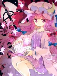 Rule 34 | 1girl, blue bow, book, bow, coat, commentary, crescent, crescent hat ornament, dress, feet out of frame, frilled dress, frills, hair bow, hat, hat ornament, highres, holding, holding book, long hair, long sleeves, looking at viewer, mob cap, moon, nikorashi-ka, one-hour drawing challenge, open book, open clothes, open coat, patchouli knowledge, pink coat, pink hat, purple dress, purple eyes, purple hair, red bow, red moon, red sky, short dress, sky, smile, solo, striped clothes, striped dress, touhou, very long hair, window