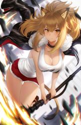 Rule 34 | 1girl, animal ears, arknights, artnohearts, bare arms, bare shoulders, black choker, black jacket, black nails, blonde hair, blush, breasts, choker, cleavage, commentary, fur-trimmed jacket, fur-trimmed shorts, fur trim, hair between eyes, highres, holding, holding weapon, jacket, jacket on shoulders, large breasts, lion ears, lion tail, long hair, looking at viewer, nail polish, red shorts, short shorts, shorts, sidelocks, siege (arknights), solo, tail, tank top, thighs, weapon, white tank top, yellow eyes